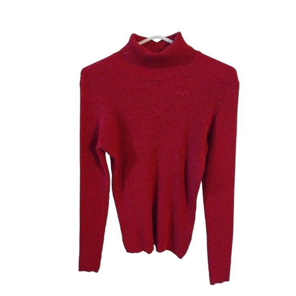 Red Shimmer Turtleneck Ribbed Basic Editions Long Slve Sweater Holiday Festive L - Picture 1 of 9